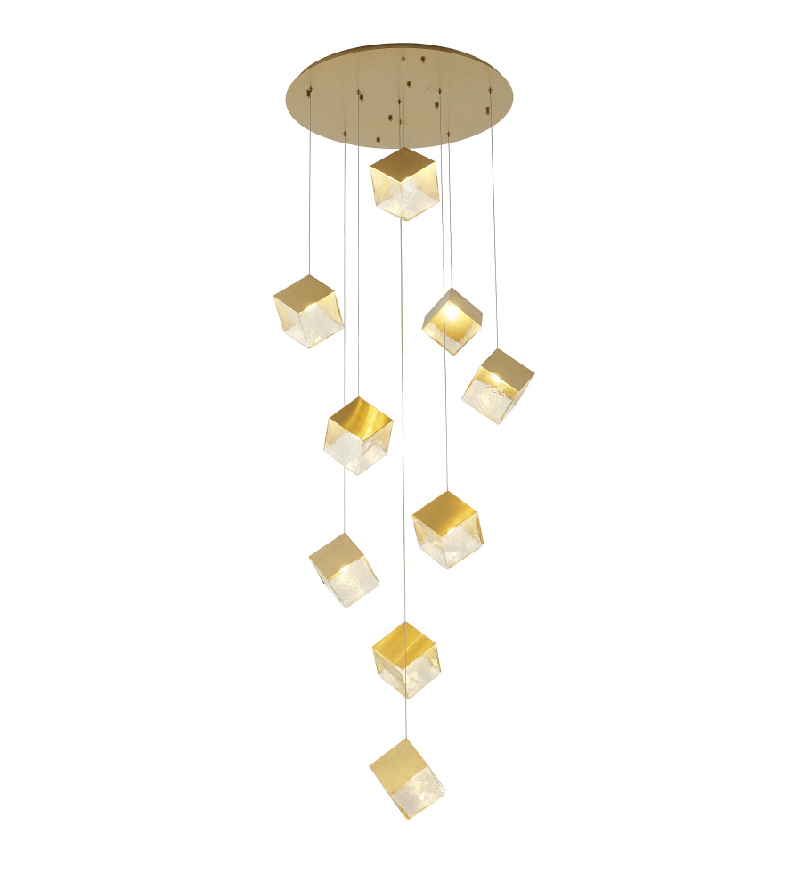 9-Light Brass Cubed Chandelier With A Clear Distorted Glass Shades